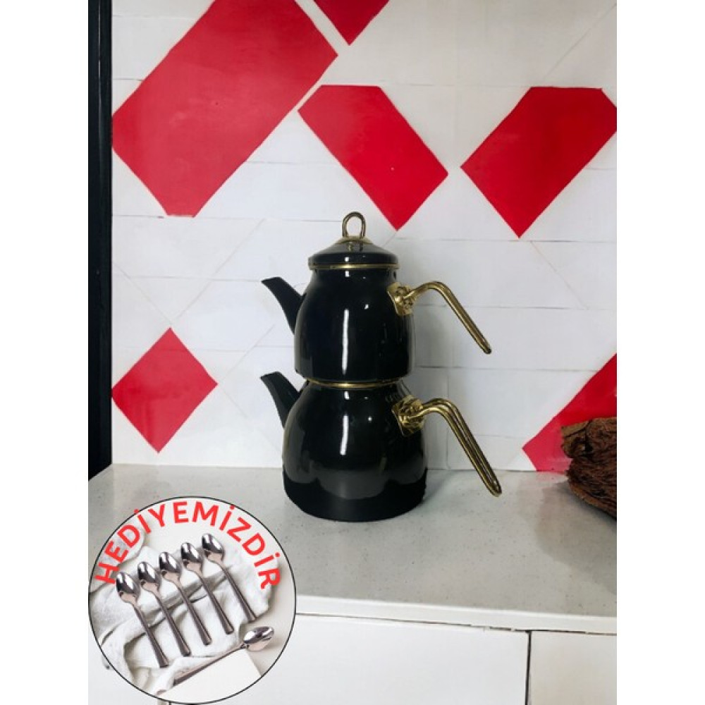 Hinessa Büyük boy Lüx Emaye Çaydanlık - Siyah - Gold Çay / Çaydanlık Setleri Fiyatı