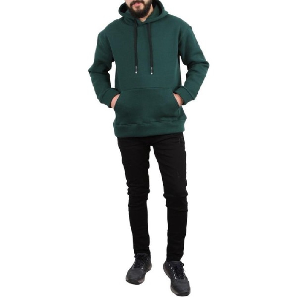 Hipatu Kapşonlu Üç İplik Şardonlu Düz Sweat - Koyu Yeşil Erkek Sweatshirt Fiyatı
