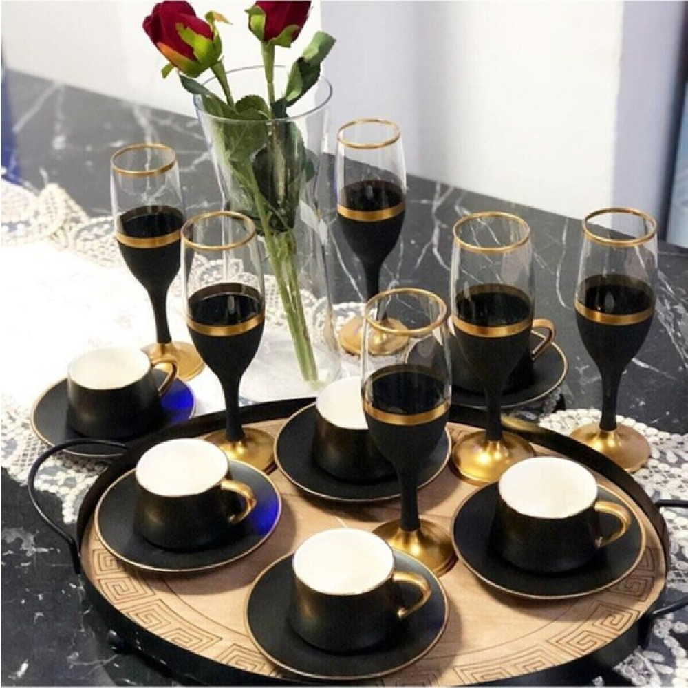 Hipatya Gold Siyah El Dekorlu Kahve Yanı Bistro 6'lı Kadeh Takımı Fincan / Bardak / Kahve Takımı Fiyatı
