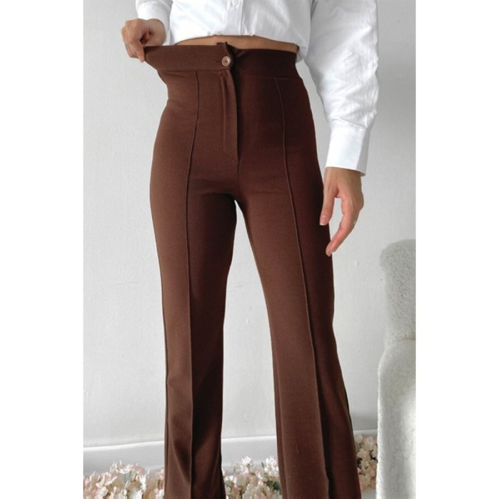 Hira Fashion Kadın Kahverengi Nervür Dikişli Toparlayıcı Yüksek Bel Ispanyol Paça Pantolon Kadın Pantolon Fiyatı