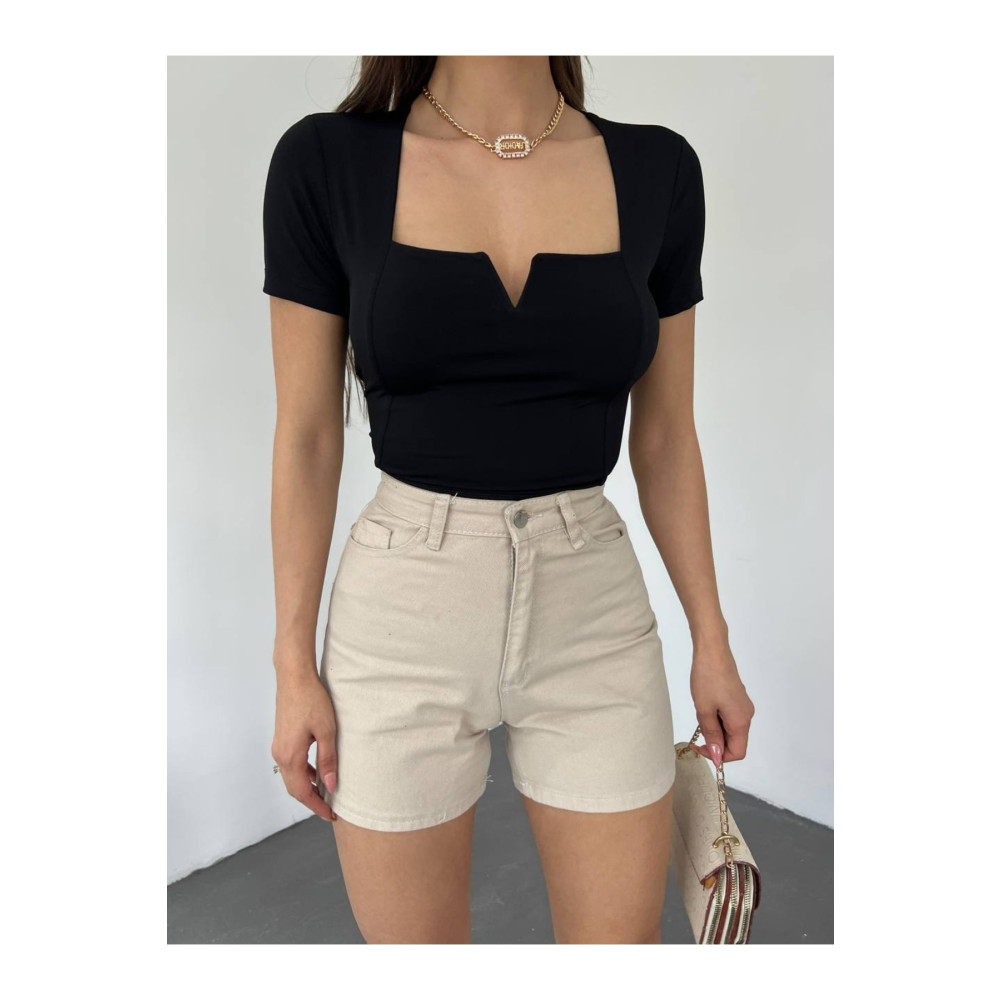 hira fashion Kadın Siyah Kare Yaka Sandy Kumaş Crop Bluz L Beden Bluz Fiyatı