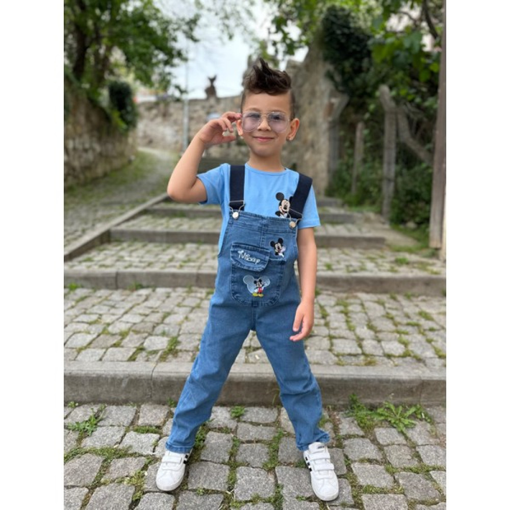Hira Kids Collection Erkek Çocuk Mickey Mouse Baskılı Kot Salopet ve Tshirt Erkek Çocuk Giyim Takımı Fiyatı