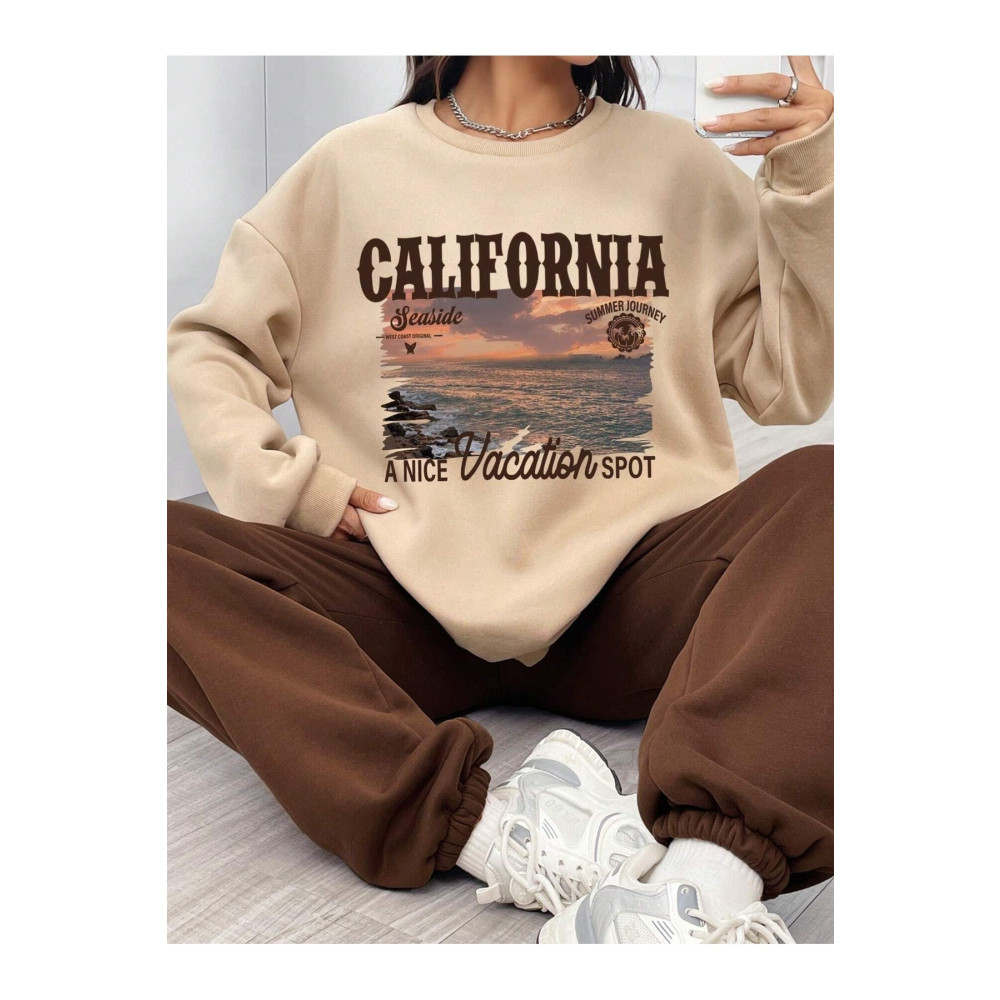 HIRSCH Kadın Bej California Seaside Baskılı Oversize Alt Üst Eşofman Takımı L Beden Kadın Eşofman Fiyatı