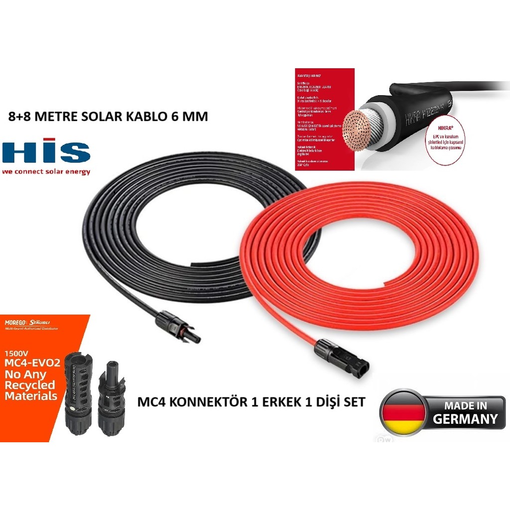 His Sunco Solar His Marka 8+8 16 Metre 6 mm Staubli Konnektörlü Solar Kablo Seti Diğer Fiyatı