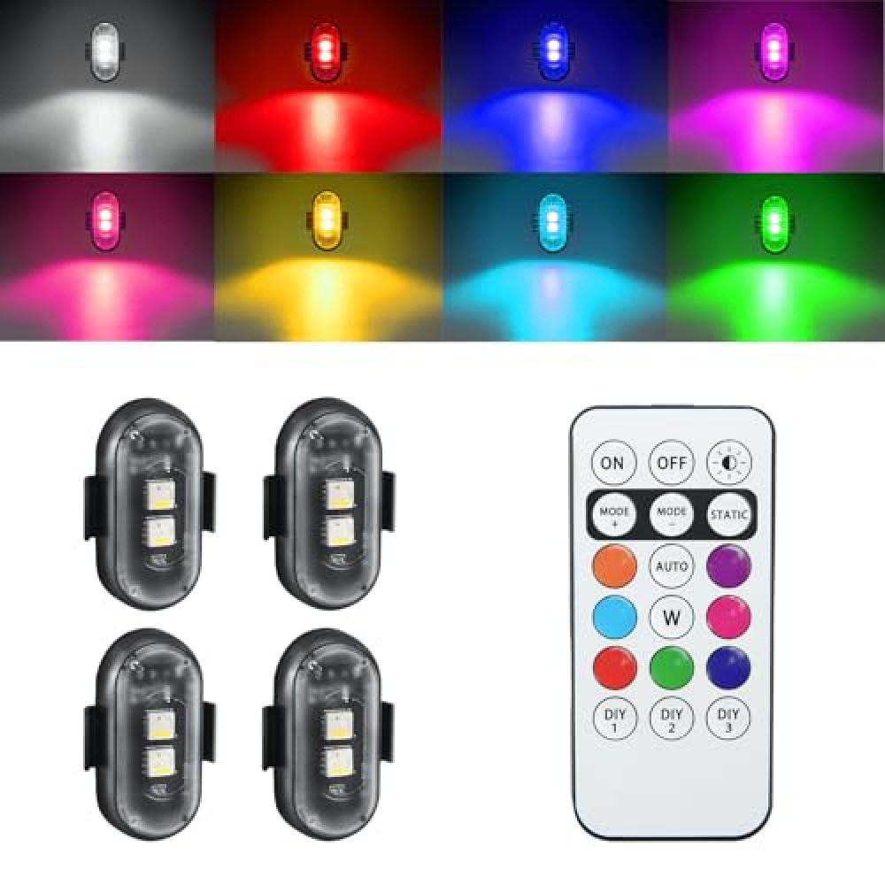 Hiseanllo Wireless Led Strobe Lights with Remote, Anti-Collision Light USB Charging High Brightness Led Lights Warning Lights for Cars Drone Aircraft Motorcycle Bike Halloween Decoration(4 Pcs)