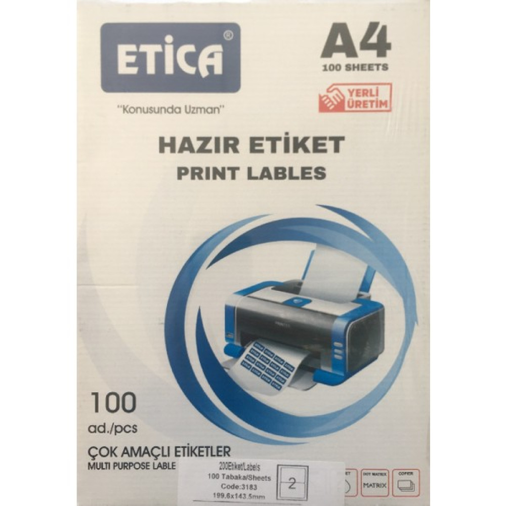 Hitit Etica Hazır Laser Etiket A4 100 Sayfa 199,6 mm x 143,5 Mm 2'li Etiket Makinesi Fiyatı