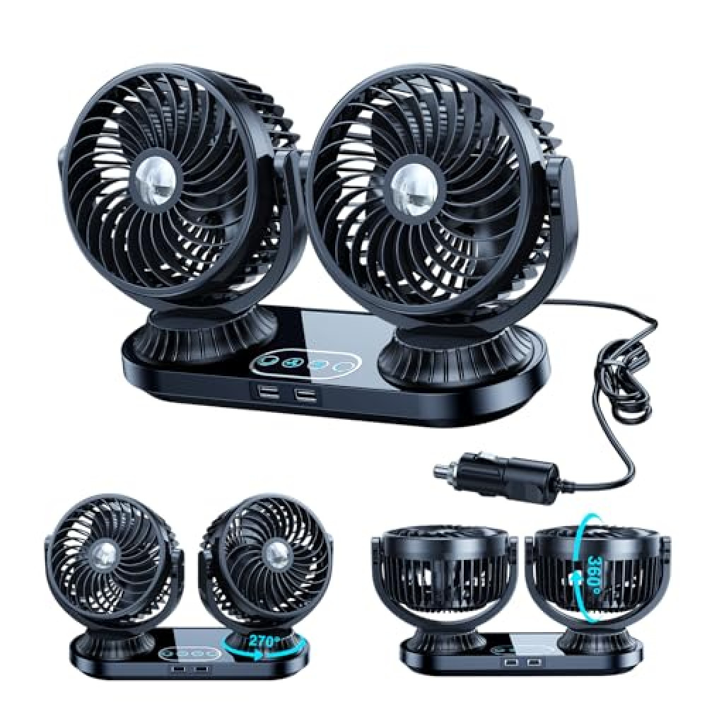 HIYJEN Dual Head Auto Oscillating Car Cooling Fan for Dashboard, DC 12V / 24V Cigarette Lighter Powered 3 Speeds Vehicle Fan Summer Car Accessories Cooler That Blow Cold Air for Sedan Suv Rv Van Truck