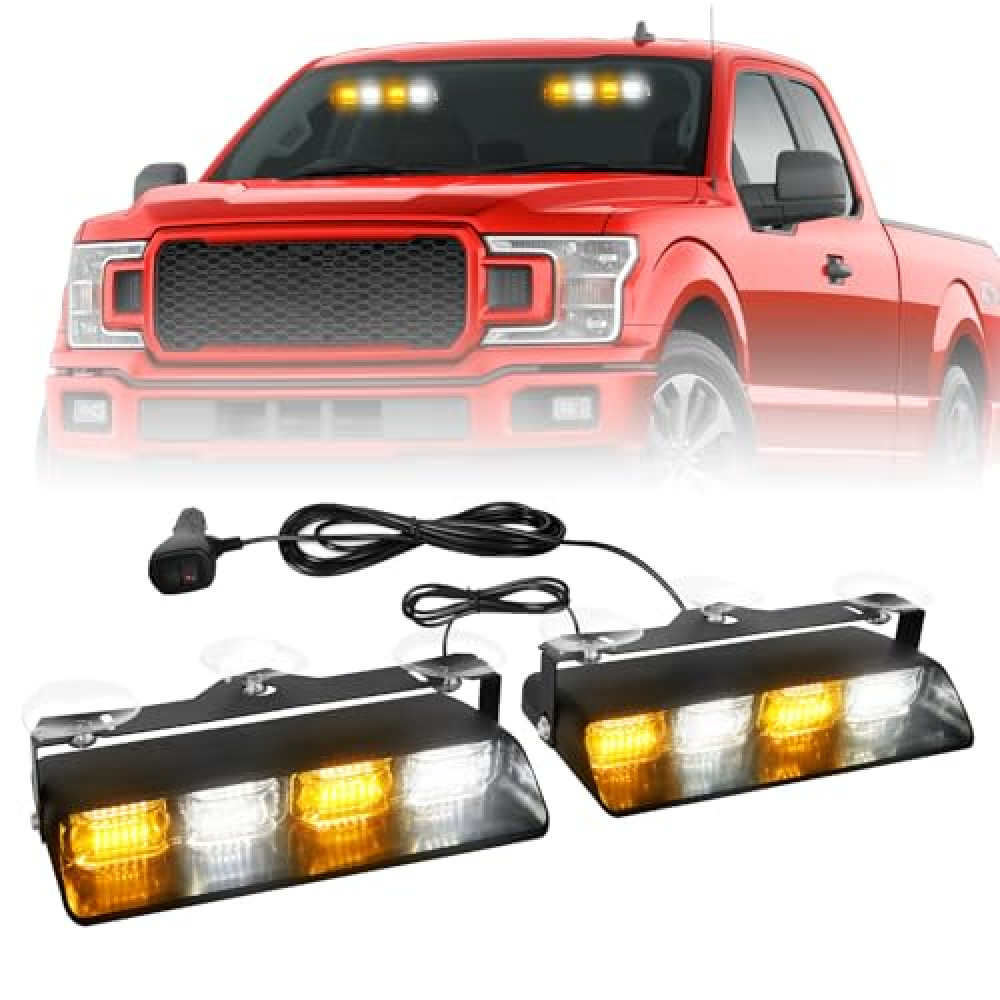 HLauto 2002L Emergency Dash Strobe Lights: 2x8.5 inch Amber White Safety Lights, 48 LED Flashing Warning Hazard Windshield Visor Traffic Light Bars for Trucks, Construction Vehicles