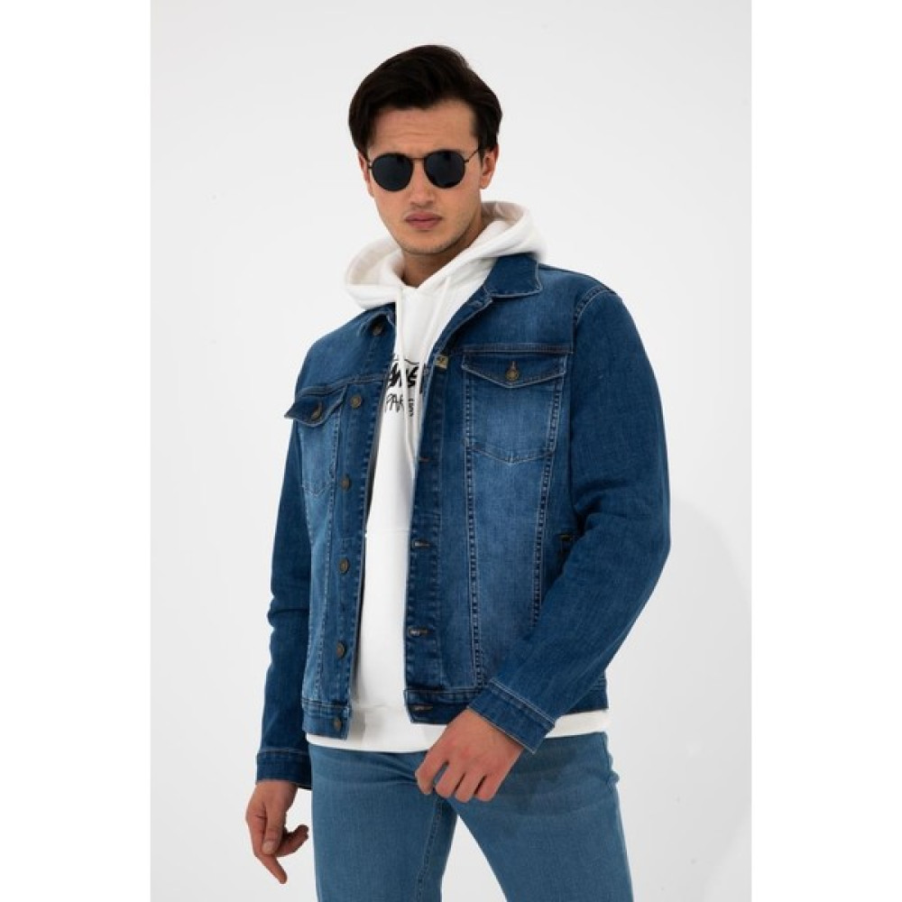 Hlt Jeans Erkek Mavi Jean Denim Standart Kalıp Esnek Likralı Cepli Düğmeli Kot Ceket HLTHE042101 Erkek Ceket Fiyatı