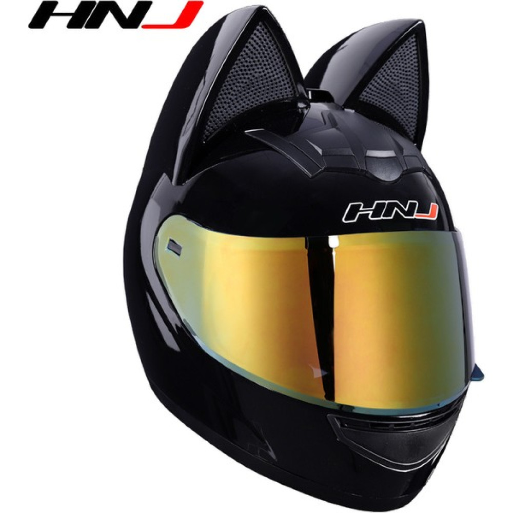 Hnj Motosiklet Kedi Kulakları Off-Road Lokomotif Tam Kask (Yurt Dışından) - L - Sıyah - Gold Motorsiklet Kaskları Fiyatı