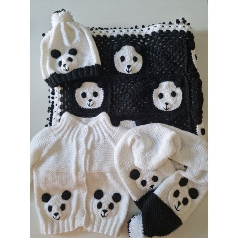 Hobi Kafe El Örgüsü Panda Desenli Hırka-Bere-Atkı- Battaniye Seti Çocuk Kulaklığı Fiyatı