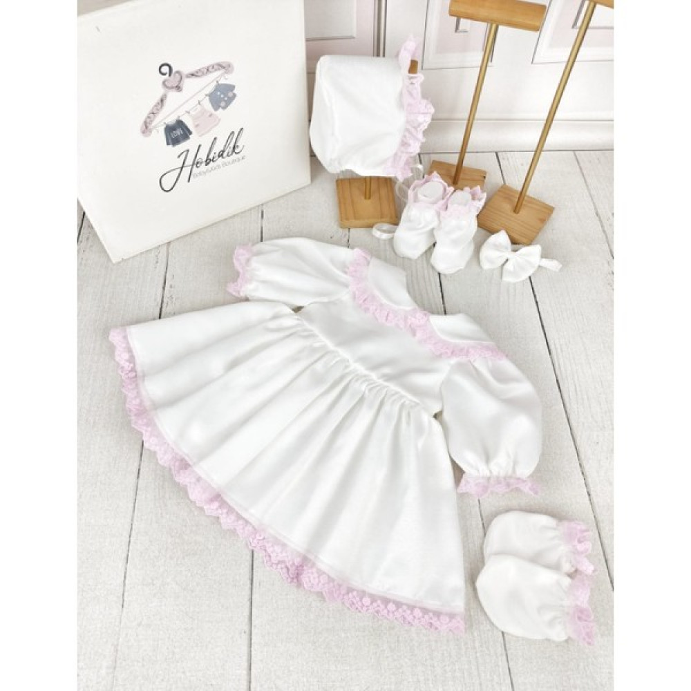 Hobidik Kız Pembe Güpür Dantel Beyaz Saten Elbise Set Bebek Elbisesi Fiyatı