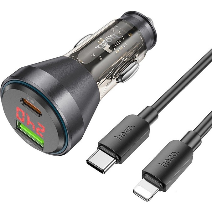Hoco NZ12B Unimpeded PD48W USB + Type-C Araç Çakmaklı Hızlı Şarj Aleti + Type-C To iPhone Kablo - Siyah Bilgisayar Çevirici ve Adaptörü Fiyatı