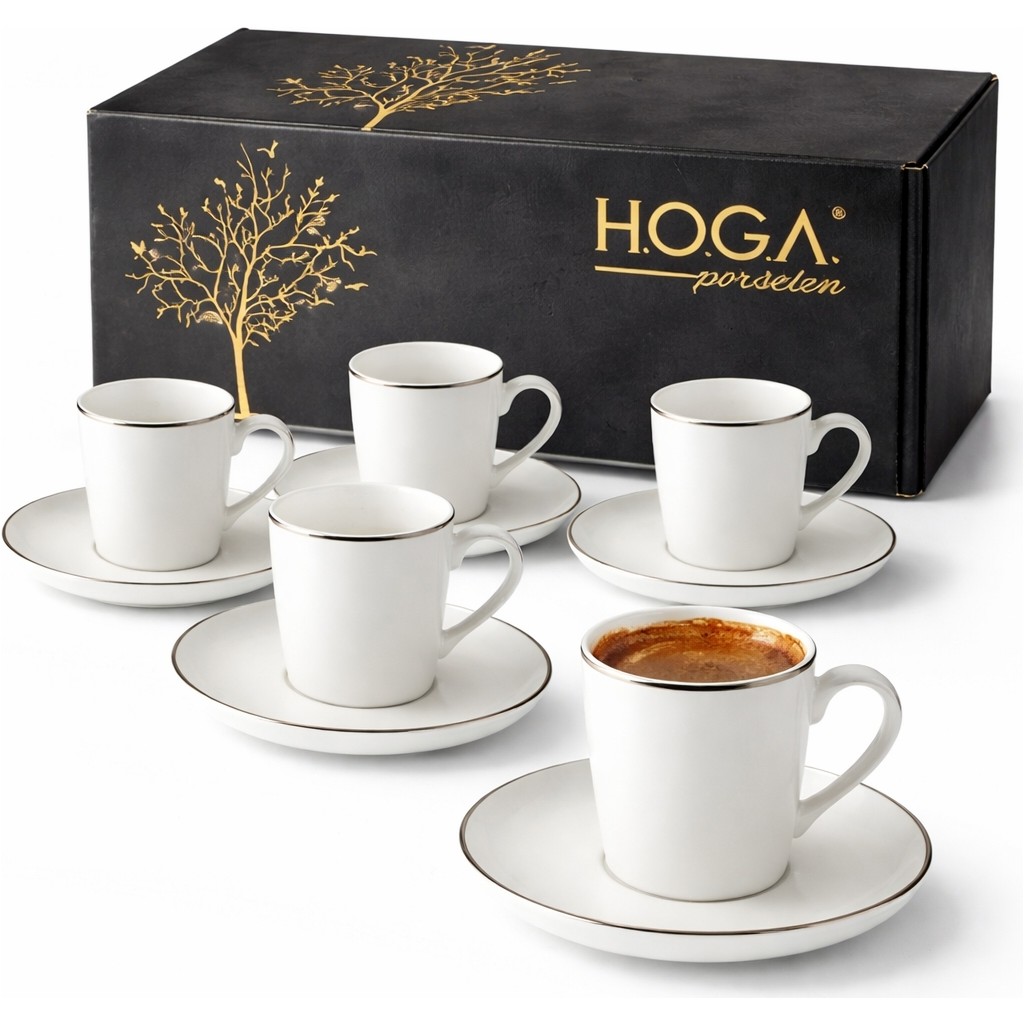 Hoga Platin Detaylı 6’lı Porselen Kahve Fincanı ve Tabak Seti | Şık Beyaz Minimal Türk Kahvesi Fincan Takımı - 12 Adet - 90 ml Fincan / Bardak / Kahve Takımı Fiyatı