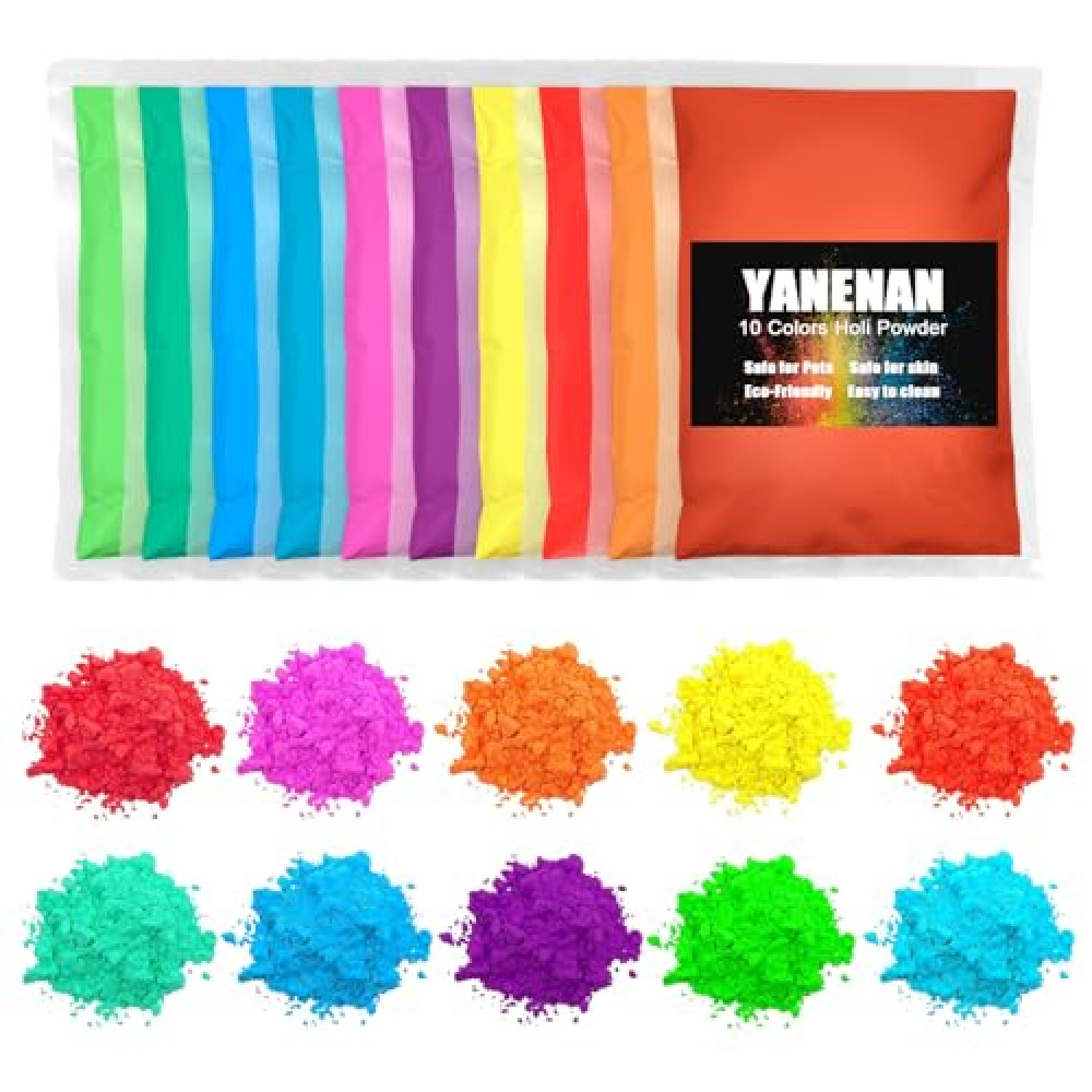 Holi Color Powder, 10 Packs X 100 Grams, Multi-Color, Washable, Safe, Perfect Holi Powder for Color Race, Color Run, Color War, Holi Festival, Parties and Photography