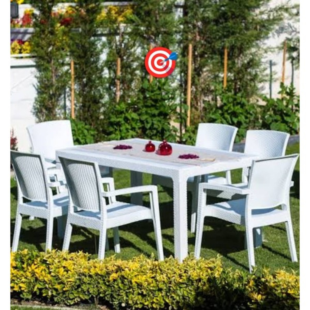 Holiday Plastik Beyaz Markiz Koltuk(6) - Olympia(90*150) Camlı Masa(1) Set Bahçe Masası Fiyatı