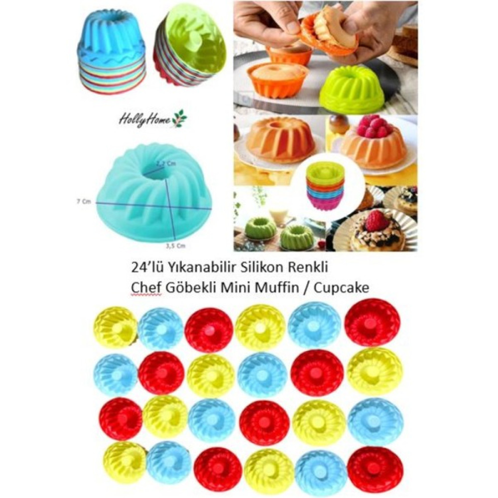 Holly Home 24'lü Yıkanabilir Mini Chef Göbekli Muffin Pişirme Kalıbı, Silikon Kek, Cupcake, Hamur Işi Kap - 24 Adet Kek Kalıpları Fiyatı
