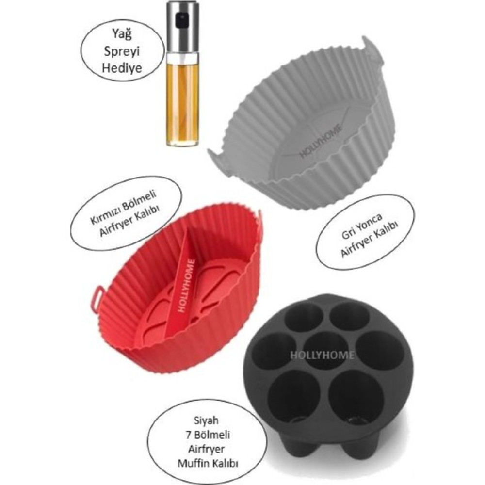 Holly Home 3+1 Silikon Airfryer Pişirme Kalıbı Seti; Gri Yonca+Kırmızı Bölmeli+Siyah Muffin+Yağ Sprey - Gri - Kırmızı - Siyah - Kırmızı - Gri Kek Kalıpları Fiyatı