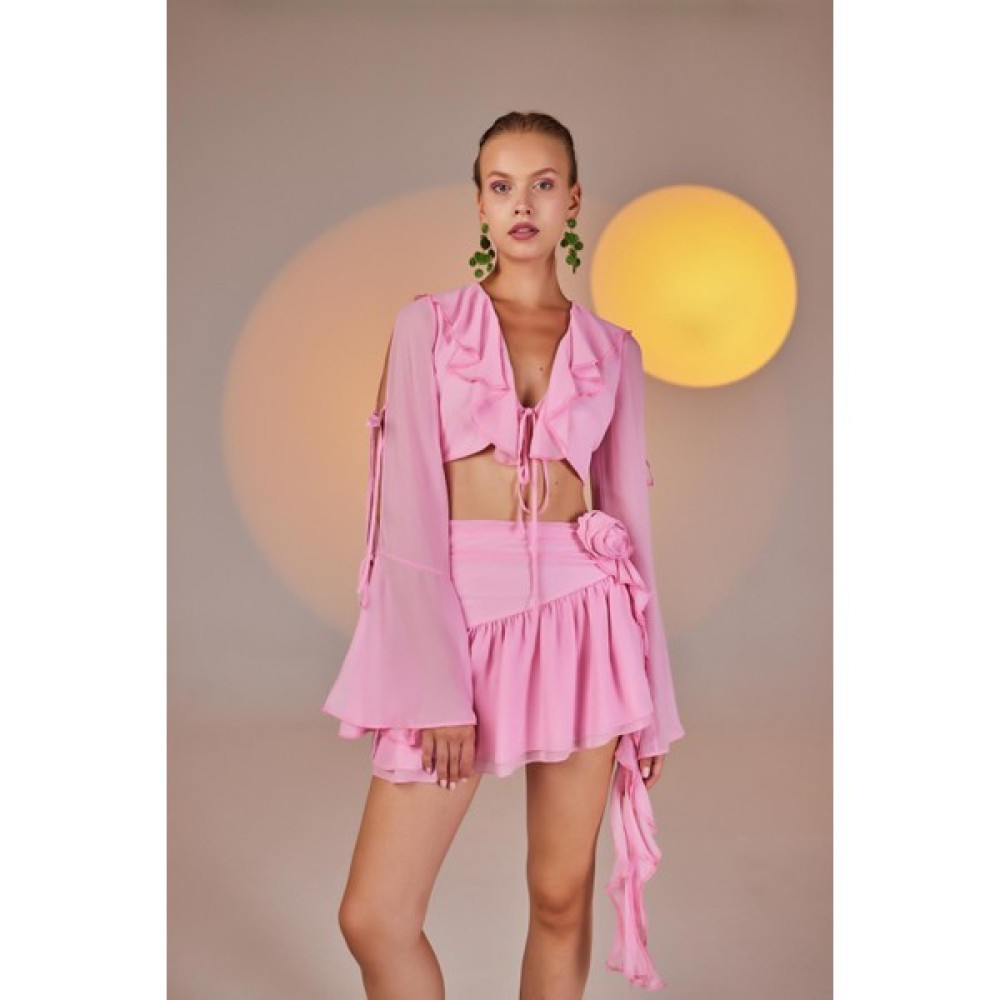 Holly Lolly Fırfırlı Şifon Carmen Bluz Pembe Bluz Fiyatı