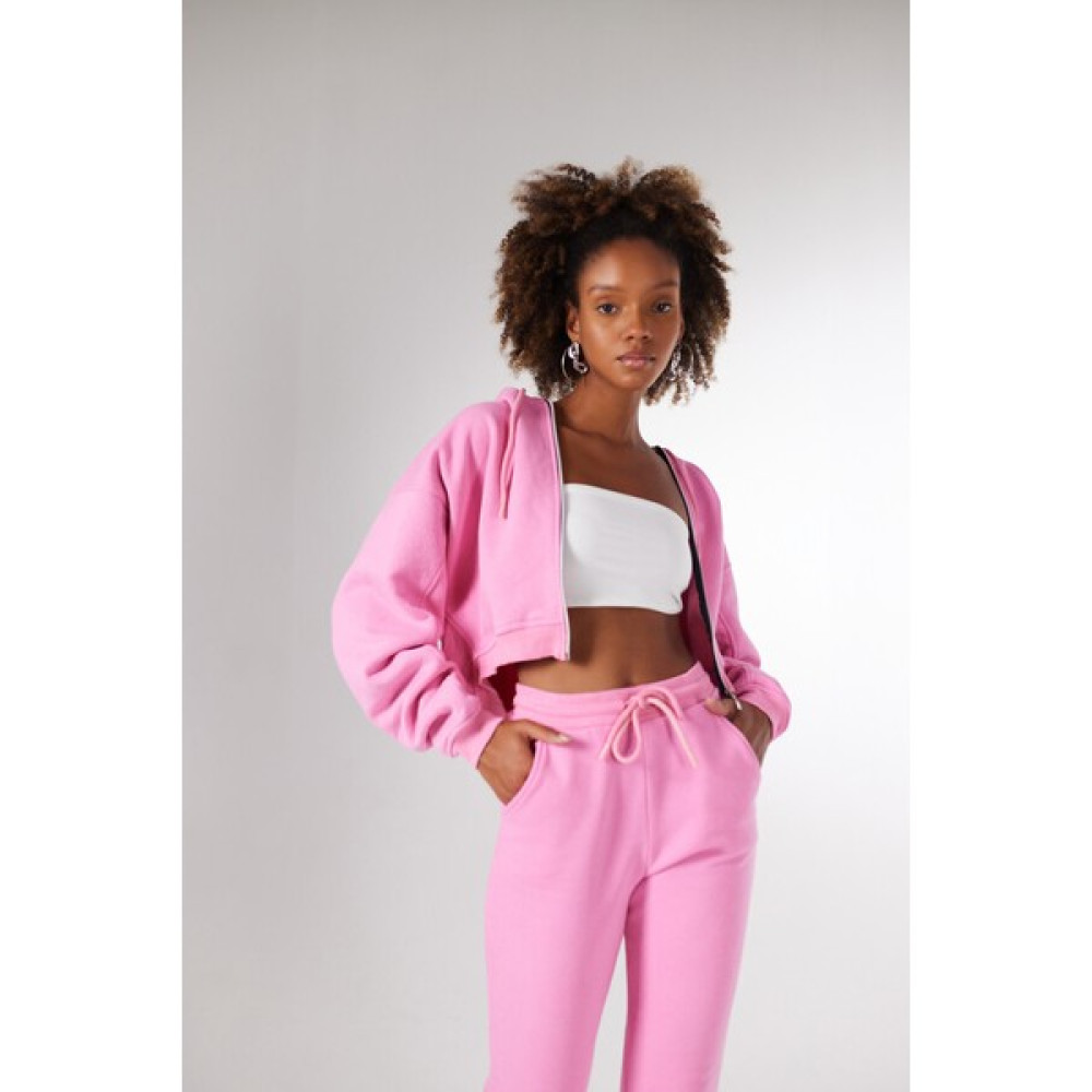 Holly Lolly Kadın Pembe Kapüşonlu Uzun Kol Fermuarlı Crop Mixed Sweat Bayan Sweatshirt Fiyatı