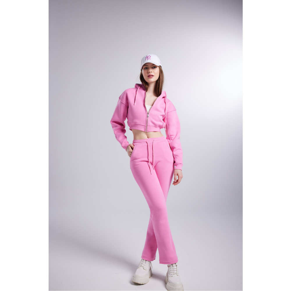 HOLLY LOLLY Kadın Pembe Kapüşonlu Uzun Kol Fermuarlı Crop Mixed Sweatshirt L Beden Bayan Sweatshirt Fiyatı