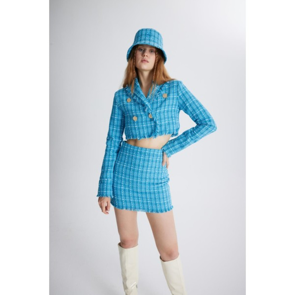 Holly Lolly Tüvit Kumaş Crop Tweed Ceket Mavi Bayan Ceket Fiyatı