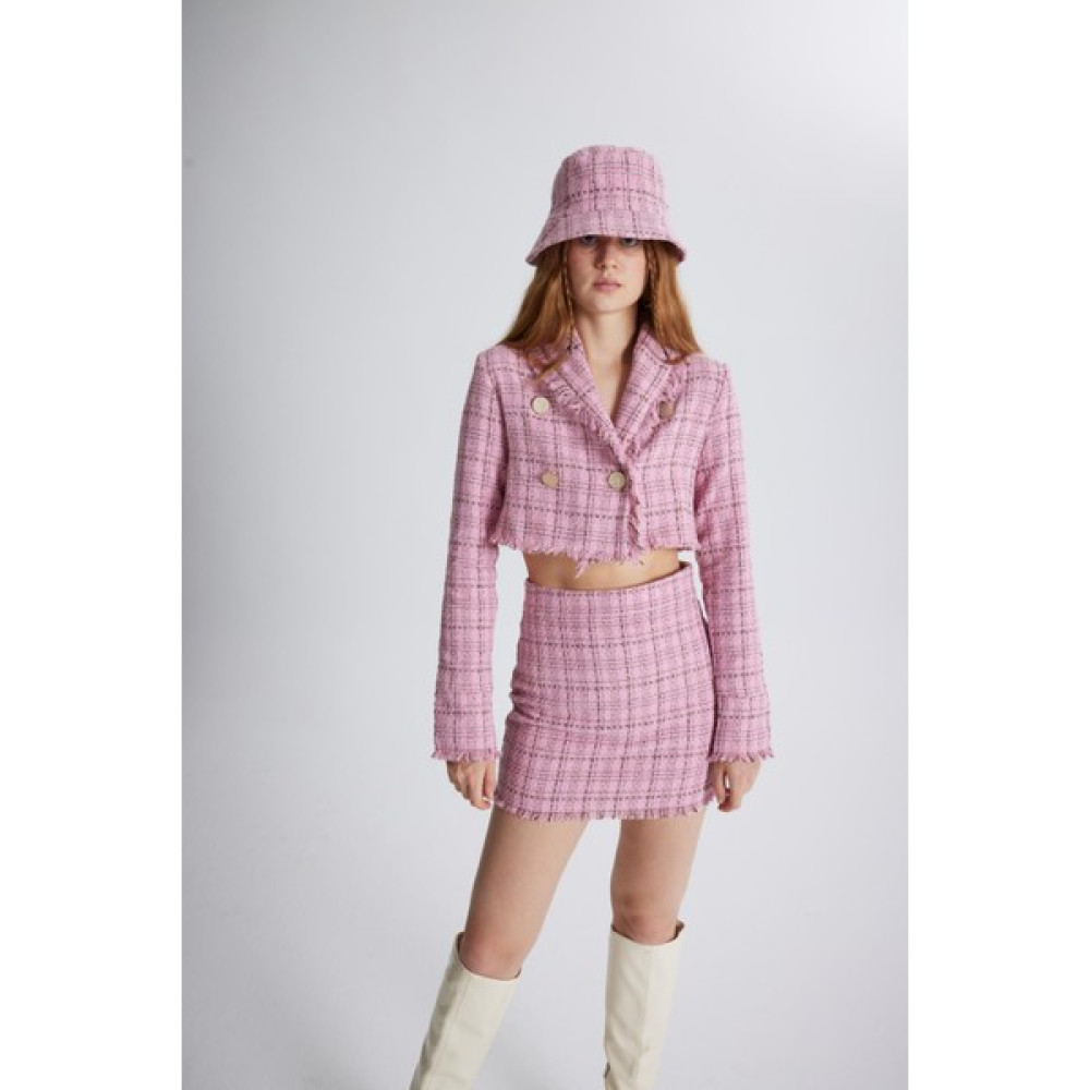 Holly Lolly Tüvit Kumaş Crop Tweed Ceket Pembe Bayan Ceket Fiyatı