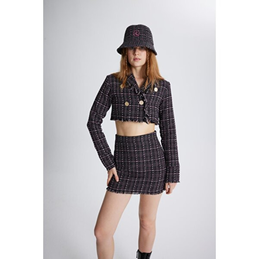 Holly Lolly Tüvit Kumaş Crop Tweed Ceket Siyah Bayan Ceket Fiyatı