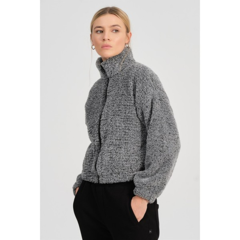 Holo Generation Arıa Kadın Gri Melanj Fermuarlı Oversize Peluş Mont Bayan Mont Fiyatı