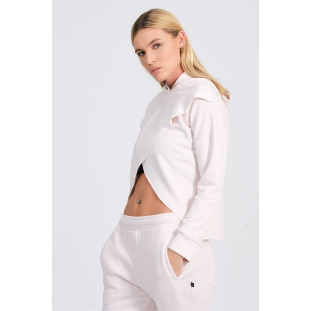 Holo Generation Kadın Krem Kapüşonlu Asimetrik Kesim Sweatshirt Bayan Sweatshirt Fiyatı