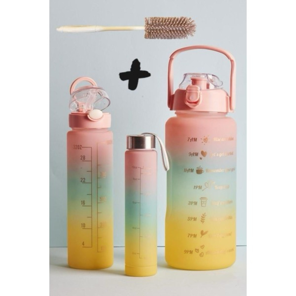 Holographic Fırça + Motivasyonel 3'lü Su Matarası Suluk 2LT+900ML+300ML Tritan Sporcu Matara Su Şişesi - Somon Suluk Fiyatı