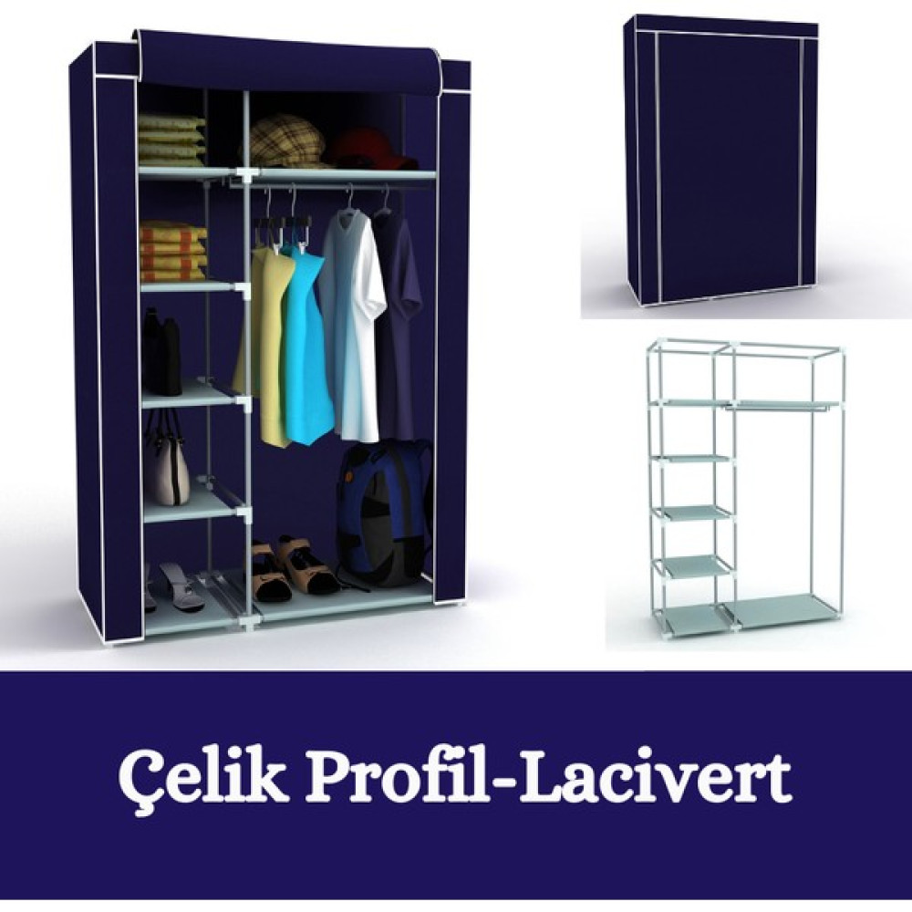 Holtech Tek Yandan Raflı Çelik Profilli Bez Dolap Kumaş Gardrop - Lacivert Gardrop & Dolap Fiyatı