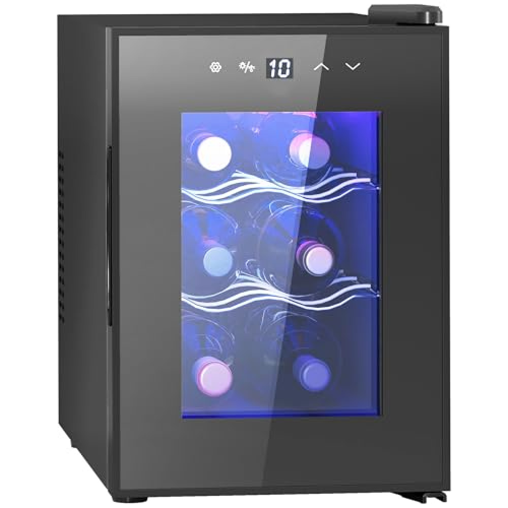 HOMCOM Mini Freestanding Wine Fridge, 6 Bottle, 17L, 26.5cm Quiet Under Counter Wine Cooler Fridge with Glass Door, LED Light, Digital Touch Screen, Temperature Control