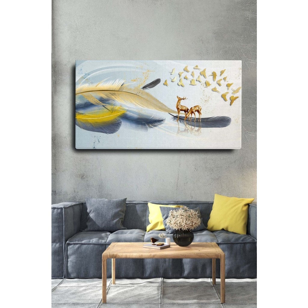 Home Arths Dekoratif Soyut Altın Geyikli Tüy Sürreal Kanvas Duvar Tablosu (120 x 60 Cm) - 60 x 120 cm - Renkli Kanvas Tablo Fiyatı
