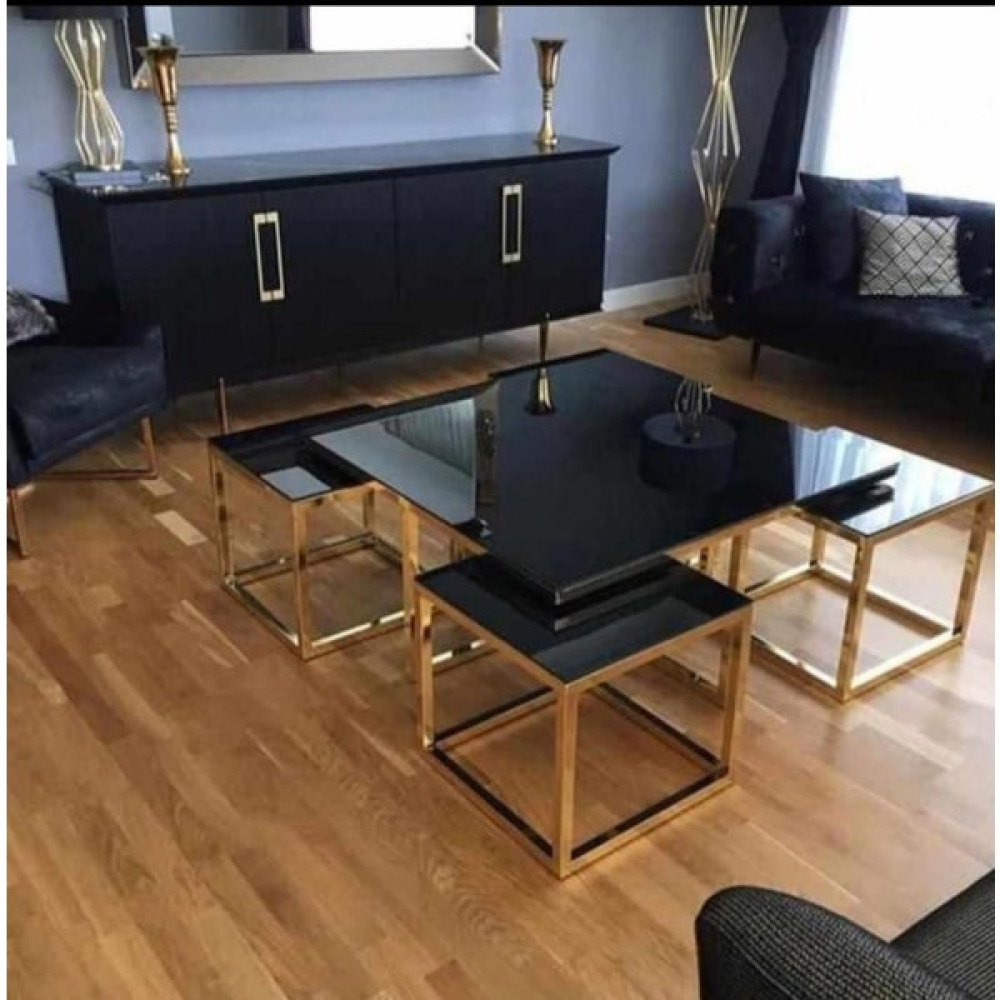 Home Bella Benedetto Concept Kare Gold Pizza Siyah Kırılmaz Cam Orta Sehpa ve 4'lü Zigon Takım Zigon Sehpa Fiyatı