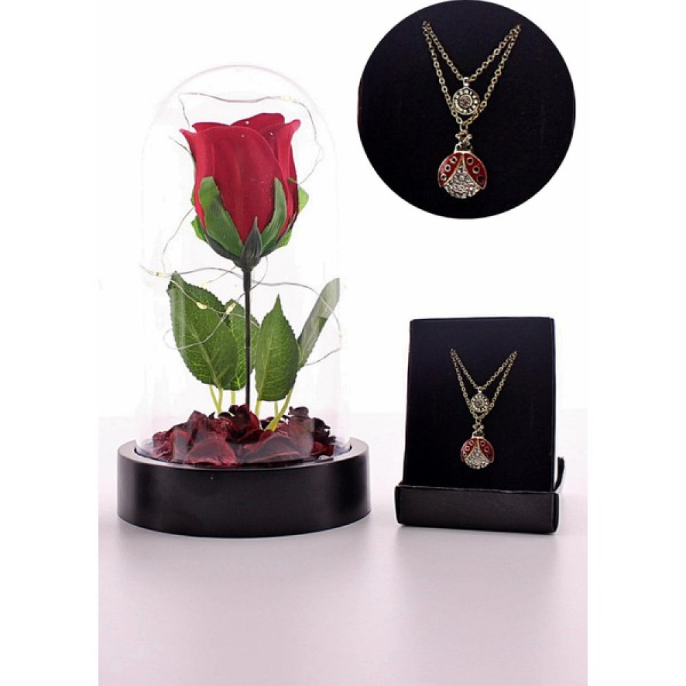 Home Decor Hediye Anneler Gününe Özel Fanusta LED Işıklı Kırmızı Gül ve Uğur Böceği Kolye Seti - 1 Hediyelik Eşya Fiyatı