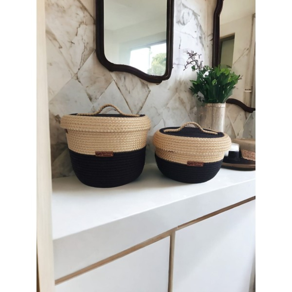 Home Decors By Özlem 2'li Siyah&gold Kapaklı Sepet Hasır Sepet Hediyelik Sepet Düzenleyici Saklama Kutusu 24X19CM-22X13CM Sepet Fiyatı