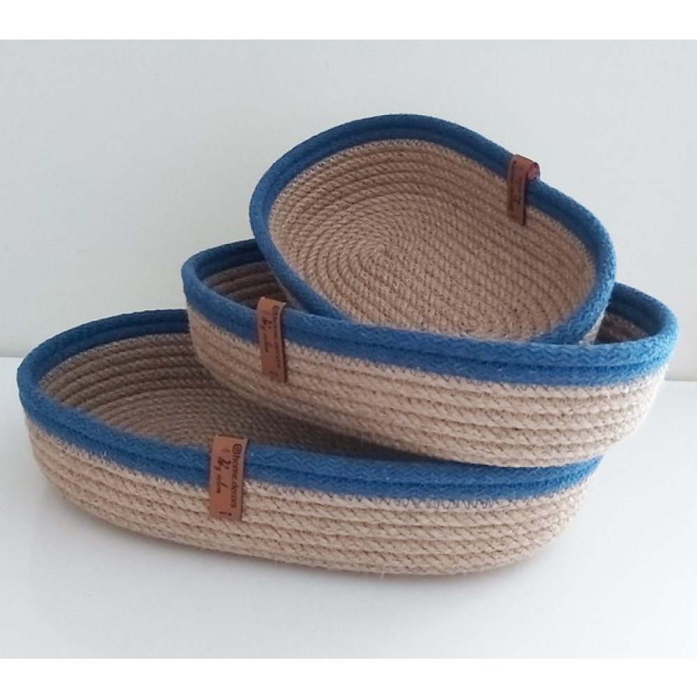 Home Decors By Özlem 3'lü Oval Hasır Sepet Düzenleyici Organizer Dekorasyon HEDIYELIK-31X18X5/26X16X5/22X15X5 - Hasır - Saks Mavi Sepet Fiyatı