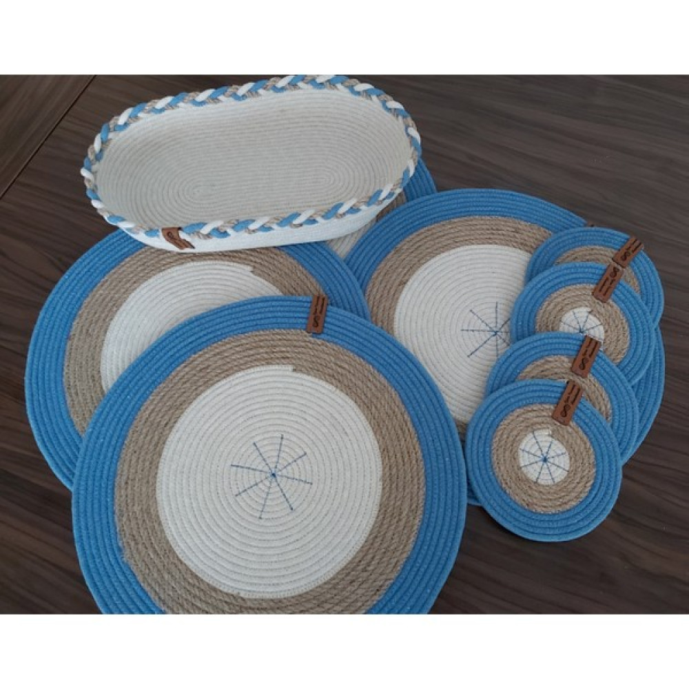 Home Decors By Özlem 4 Kişilik 9 Parça Amerikan Servis Supla Takımı Tabak Altlığı Bardak Altlığı Hasır Sepet Mutfak Sunum - Mavi - 33 x 33 cm Amerikan Servis Fiyatı