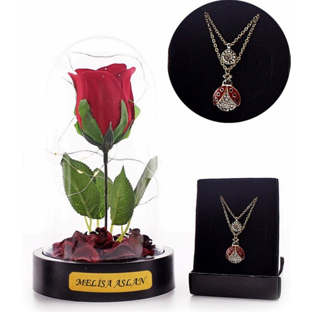 Home Dekor Hediye Sevgiliye Eşe Hediye Kişiye Özel Fanusta LED Işıklı Kırmızı Gül ve Uğur Böceği Kolye Seti Mika Fanus - 1 Hediyelik Eşya Fiyatı