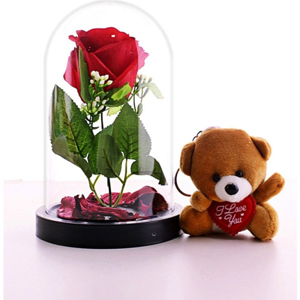 Home Dekor Hediye Sevgiliye Eşe Sürpriz Hediye Fanusta Kırmızı Gül ve Mini Ayıcık Set Sevgiliye Hediye Hediyelik Eşya Fiyatı