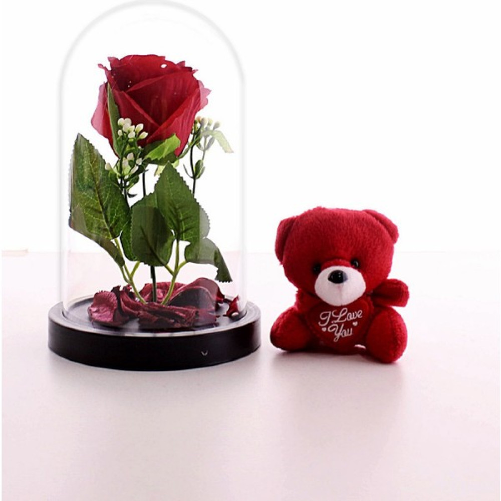 Home Dekor Hediye Sevgiliye Eşe Sürpriz Hediye Fanusta LED Işıklı Kırmızı Gül ve Kırmızı Mini Ayıcık Set Sevgiliye Hediyelik Eşya Fiyatı