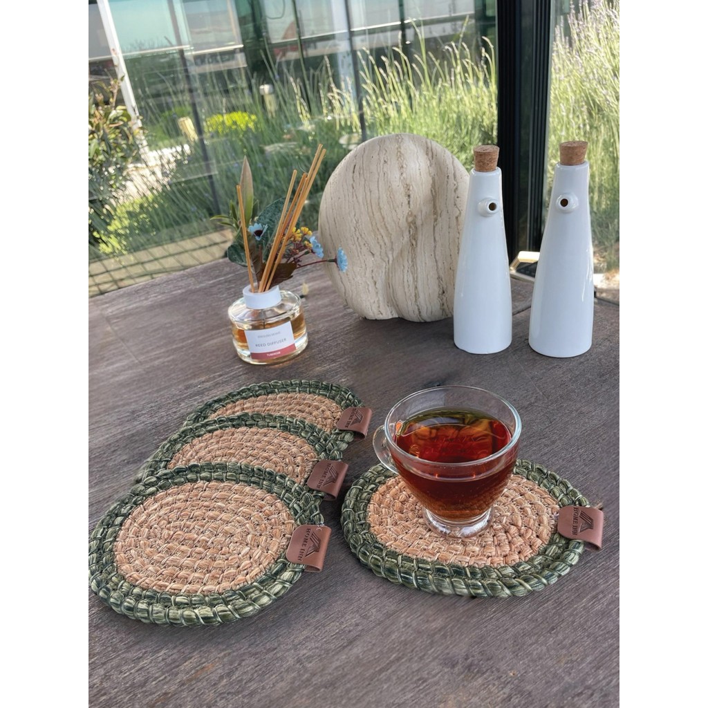 Home İnn Tekstil 4 Adet Oval Dekoratif Bardak Altlığı Seti - Yuvarlak , Leke Tutmaz - Naturel-Yeşil 13X17 cm SSD / Solid State Drive Fiyatı