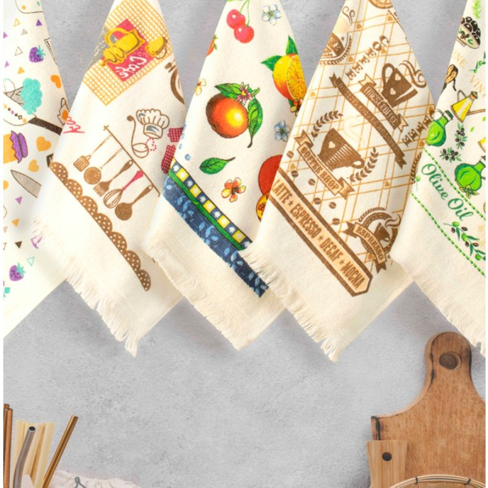 Home Mode Store 100% Pamuk 5 Adet 40X60CM Saçaklı Baskılı Mutfak ve El Havlusu - Renkli - 5'li Paket Mutfak Tekstili Fiyatı