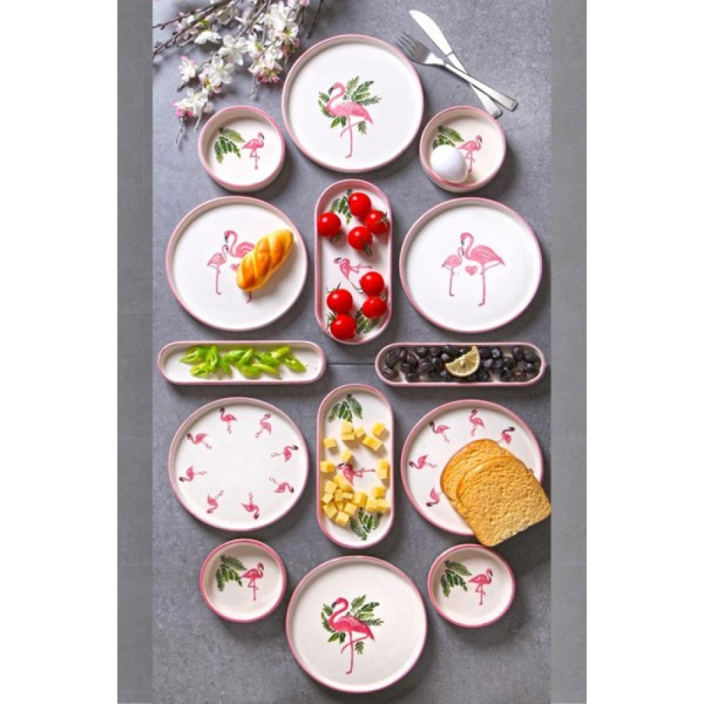 Home Naturel 14 Parça 6 Kişilik Stackable Flamingo Desen Kahvaltı Takımı Pembe Handmade Özel Tasarı Kahvaltı Takımı Fiyatı