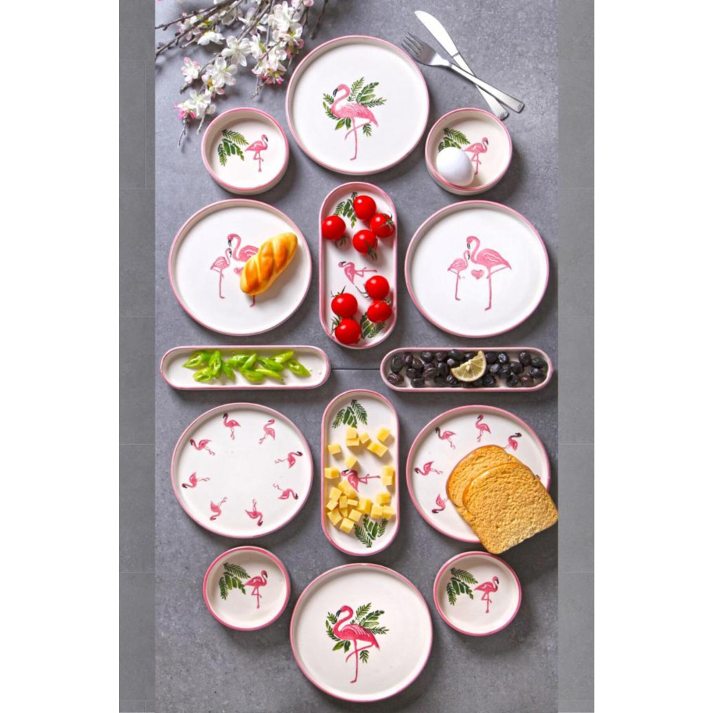 Home Naturel 14 Parça 6 Kişilik Stackable Flamingo Desen Kahvaltı Takımı Pembe Handmade Özel Tasarım Kahvaltılık Kahvaltı Takımı Fiyatı