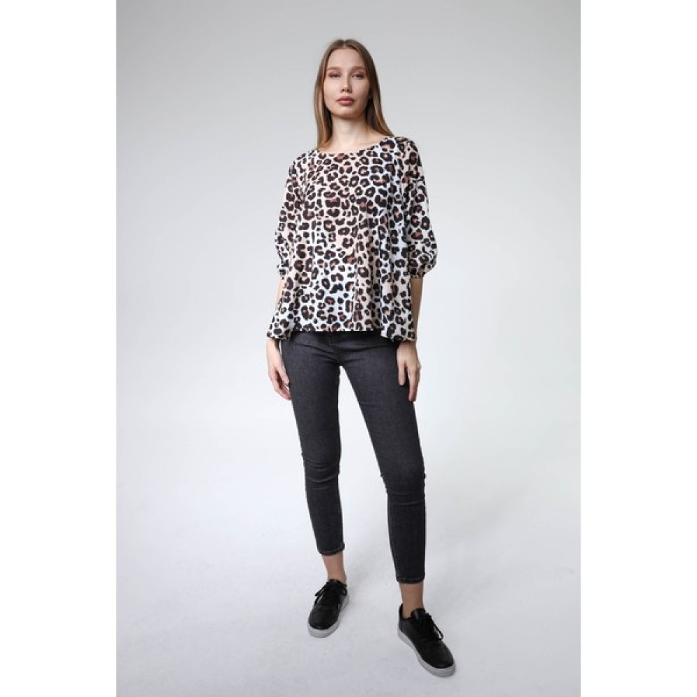 Home Store Bluz Leopar Desenli ¾ Lastikli Kol Ense V Pencereli Bol Kesi - Leopar Bluz Fiyatı