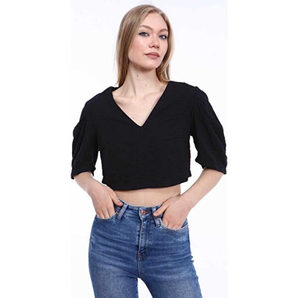 Home Store Bluz V Yaka Sirt Fermuarli Büzgülü Kisa Kol - Siyah Bluz Fiyatı