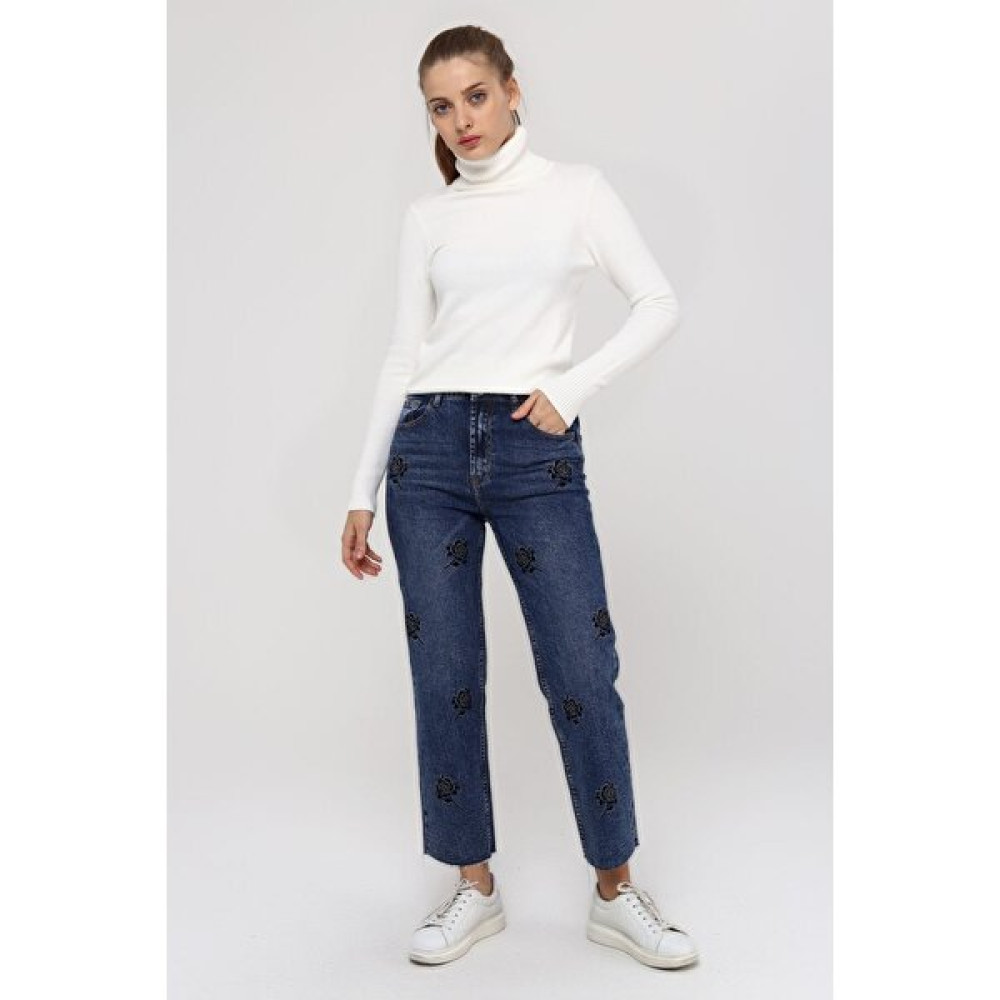 Home Store Pantolon Jean Kadife Taşli Gül Motifli 5 Cepli - Lacivert Bayan Jeans / Kot Pantolon Fiyatı