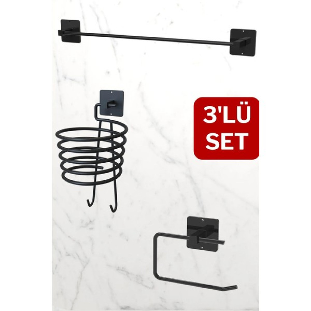 Home Stuff Home-Stuff Siyah Uzun Havluluk, Fönlük ve Tuvalet Kağıdı Askısı, Avantajlı 3'lü Set Banyo Askılık Fiyatı